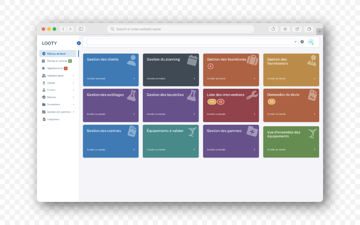 Tableau de bord Looty — accès administrateur : tous les modules